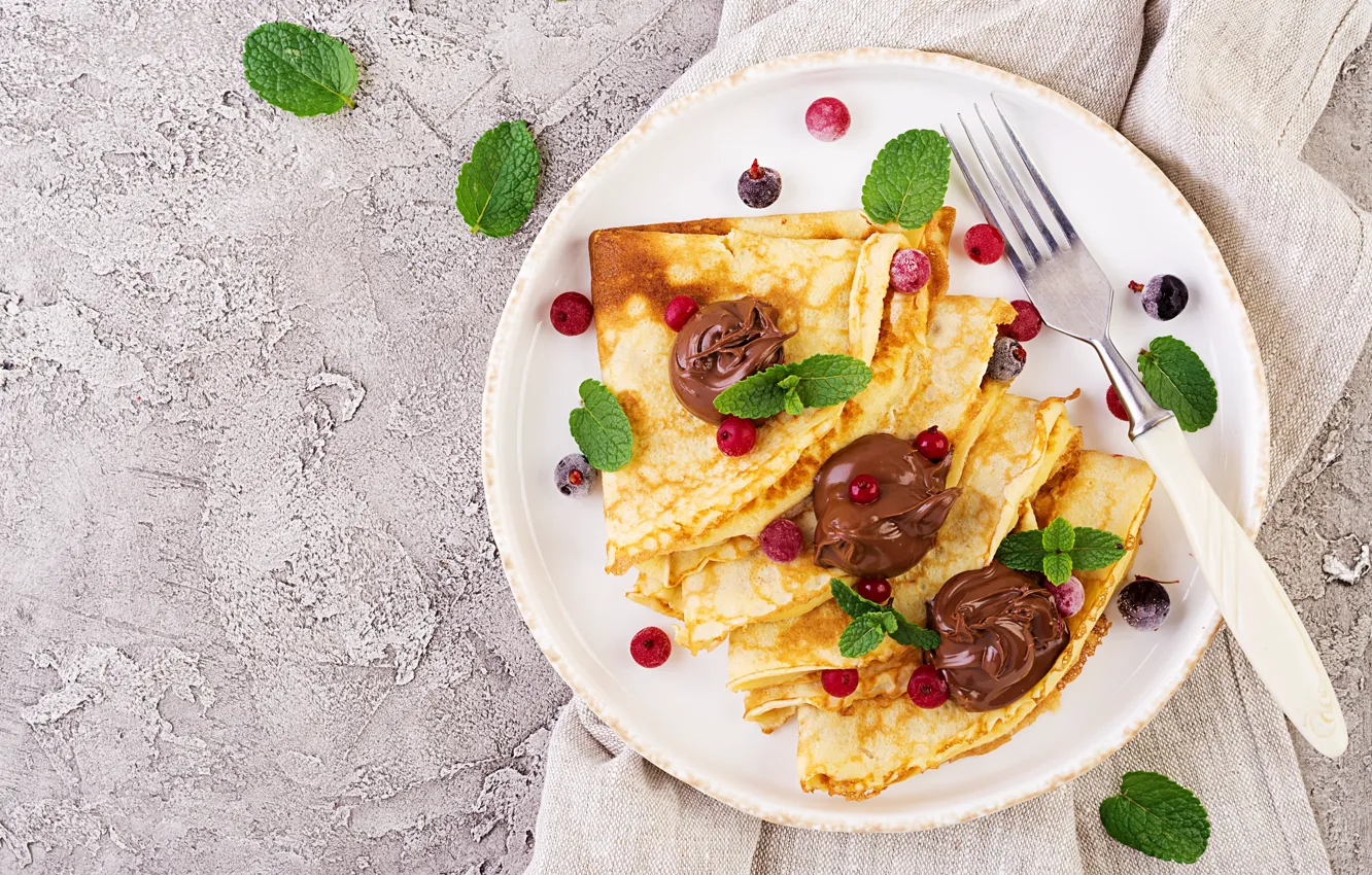 Photo wallpaper berries, chocolate, Breakfast, pancakes, Timolina