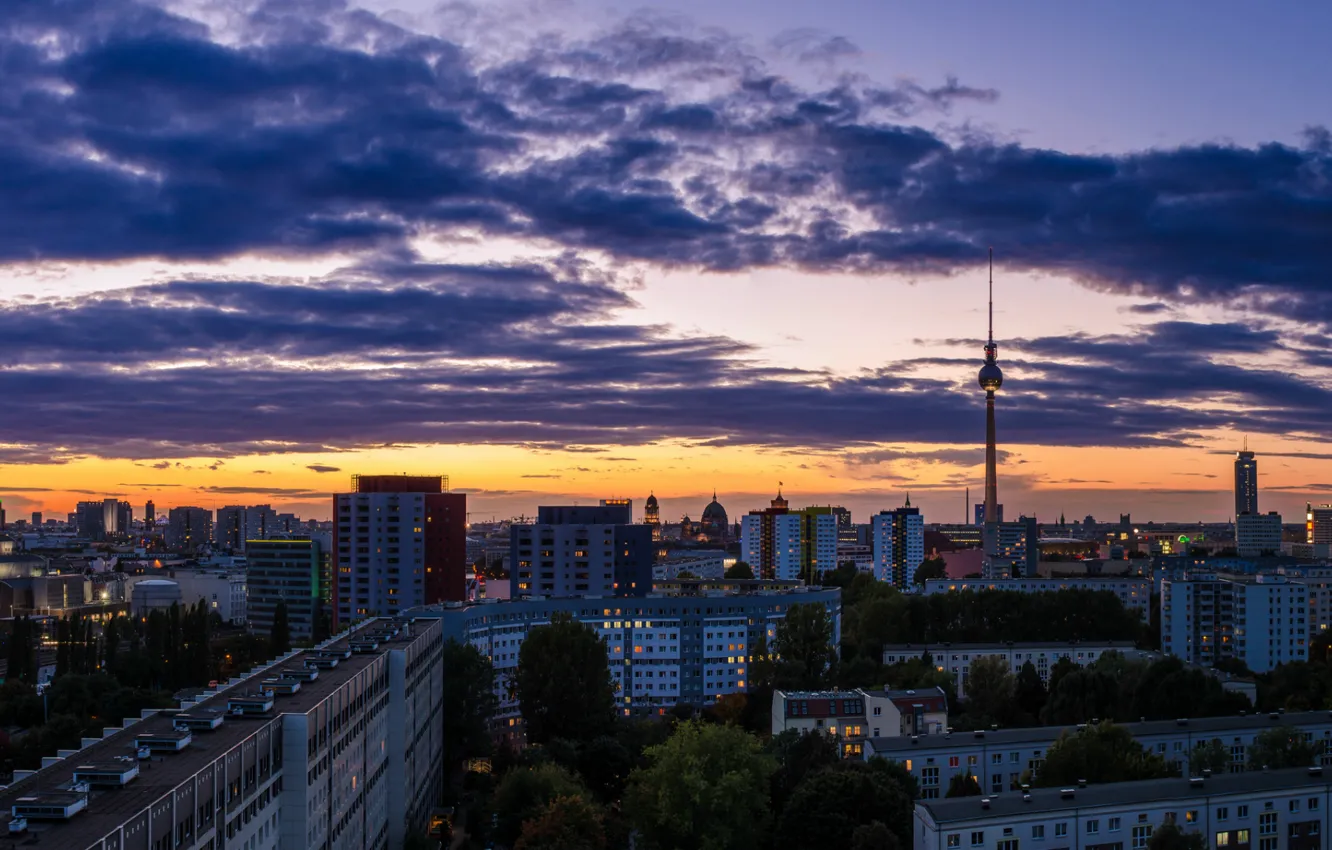 Photo wallpaper the sky, clouds, sunset, orange, the city, building, home, the evening