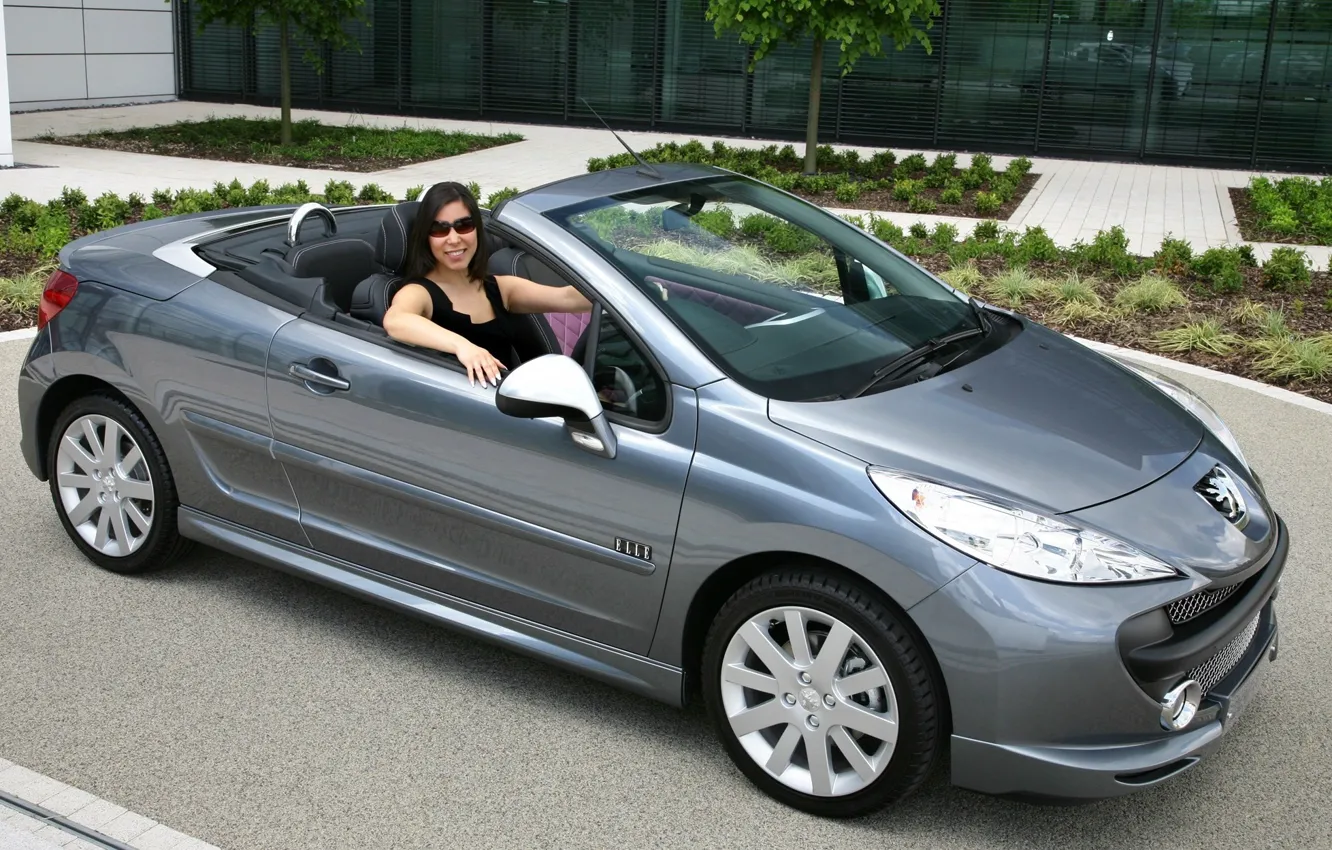 Photo wallpaper auto, look, girl, glasses, Peugeot 207