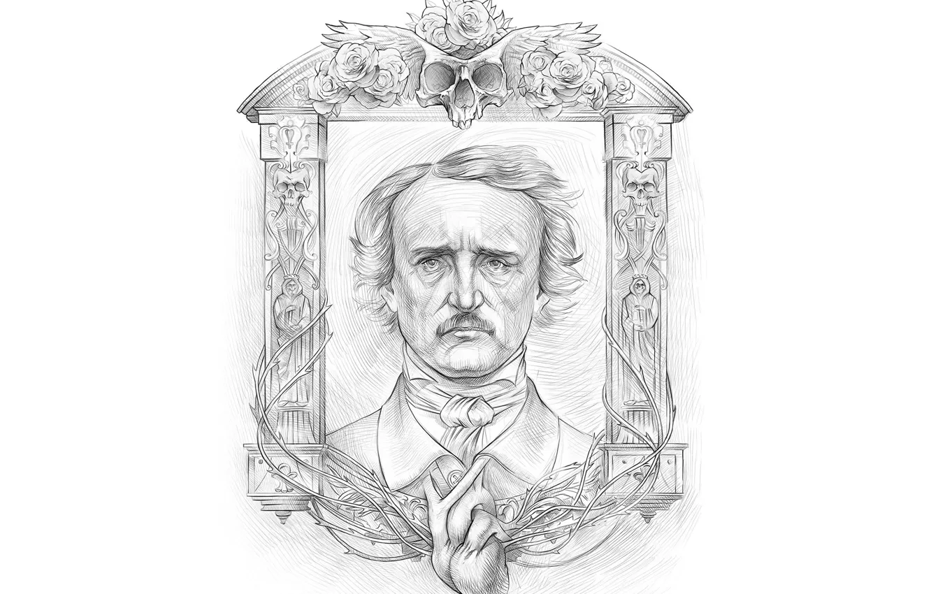 Photo wallpaper sake, white, black, look, writer, frame, Edgar Allan Poe