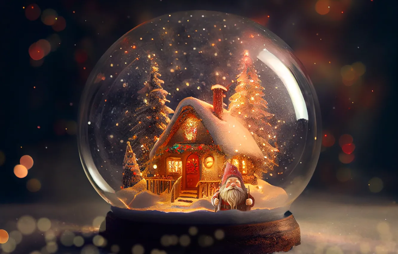 Photo wallpaper snow, holiday, balls, toy, tree, home, sphere, dwarf