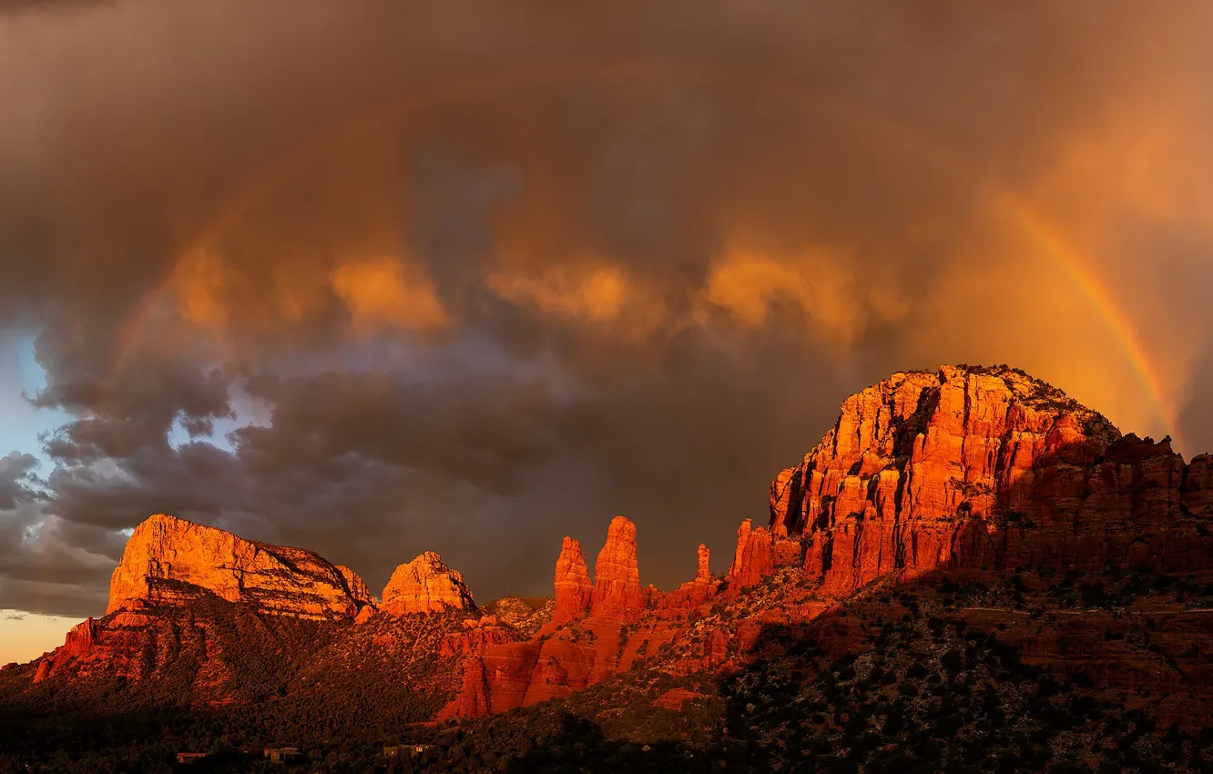 Photo wallpaper the sky, clouds, light, sunset, mountains, clouds, rocks, desert