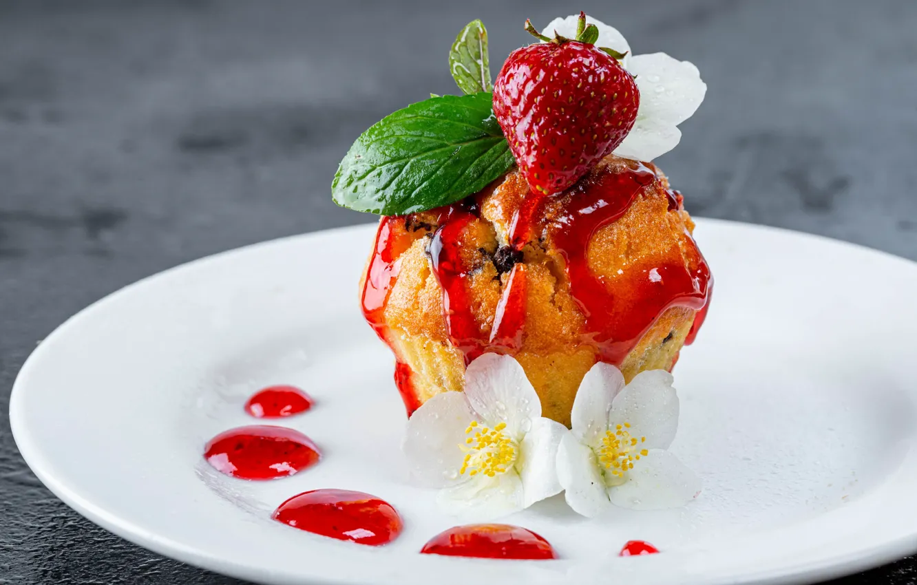 Photo wallpaper photo, food, strawberry, plate, jam, muffin