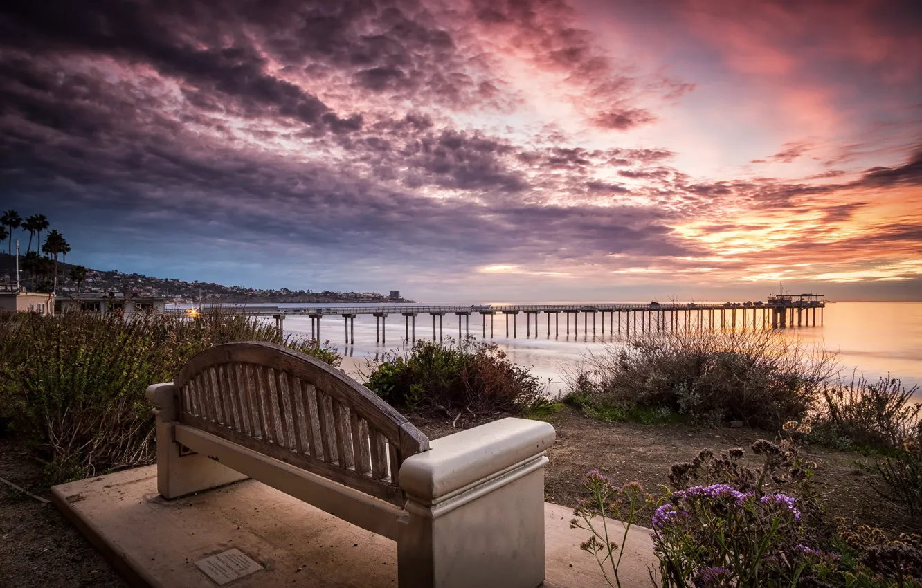 Photo wallpaper sea, the sky, clouds, sunset, bench, coast, horizon, CA