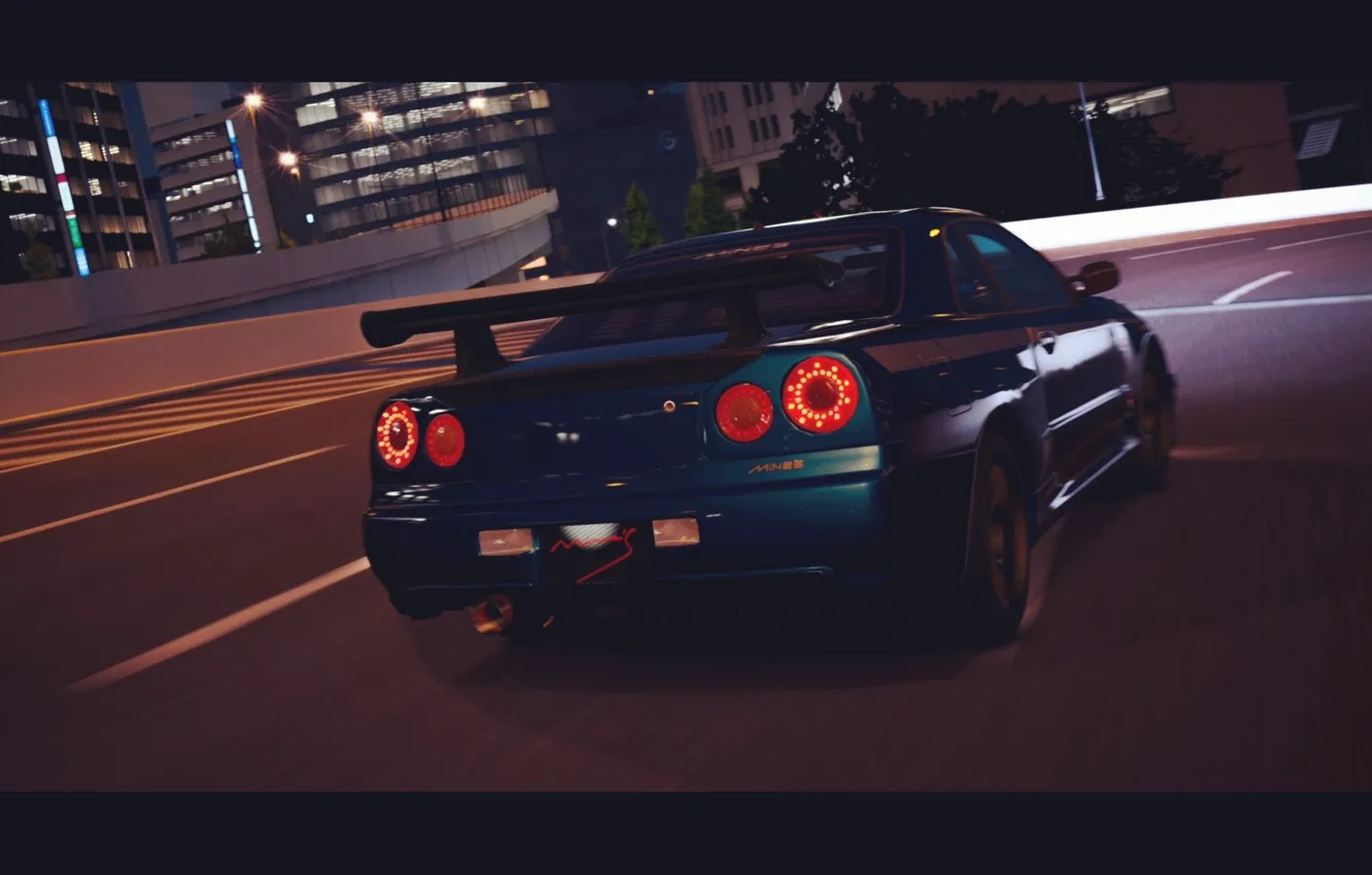 Photo wallpaper street, Nissan, game, skyline, Nissan, blue, R34, skyline