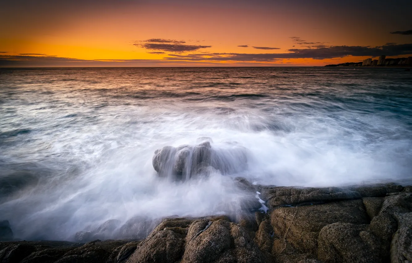 Photo wallpaper sunset, stones, rocks, coast