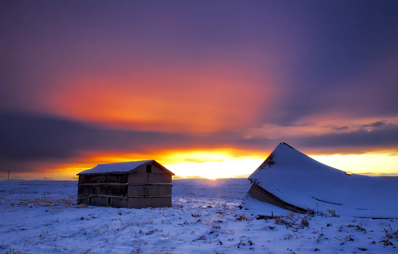 Photo wallpaper winter, snow, dawn, house