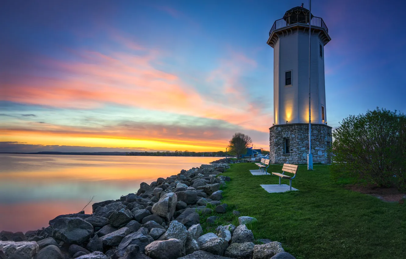 Photo wallpaper landscape, the city, lake, stones, dawn, lighthouse, morning, Wisconsin