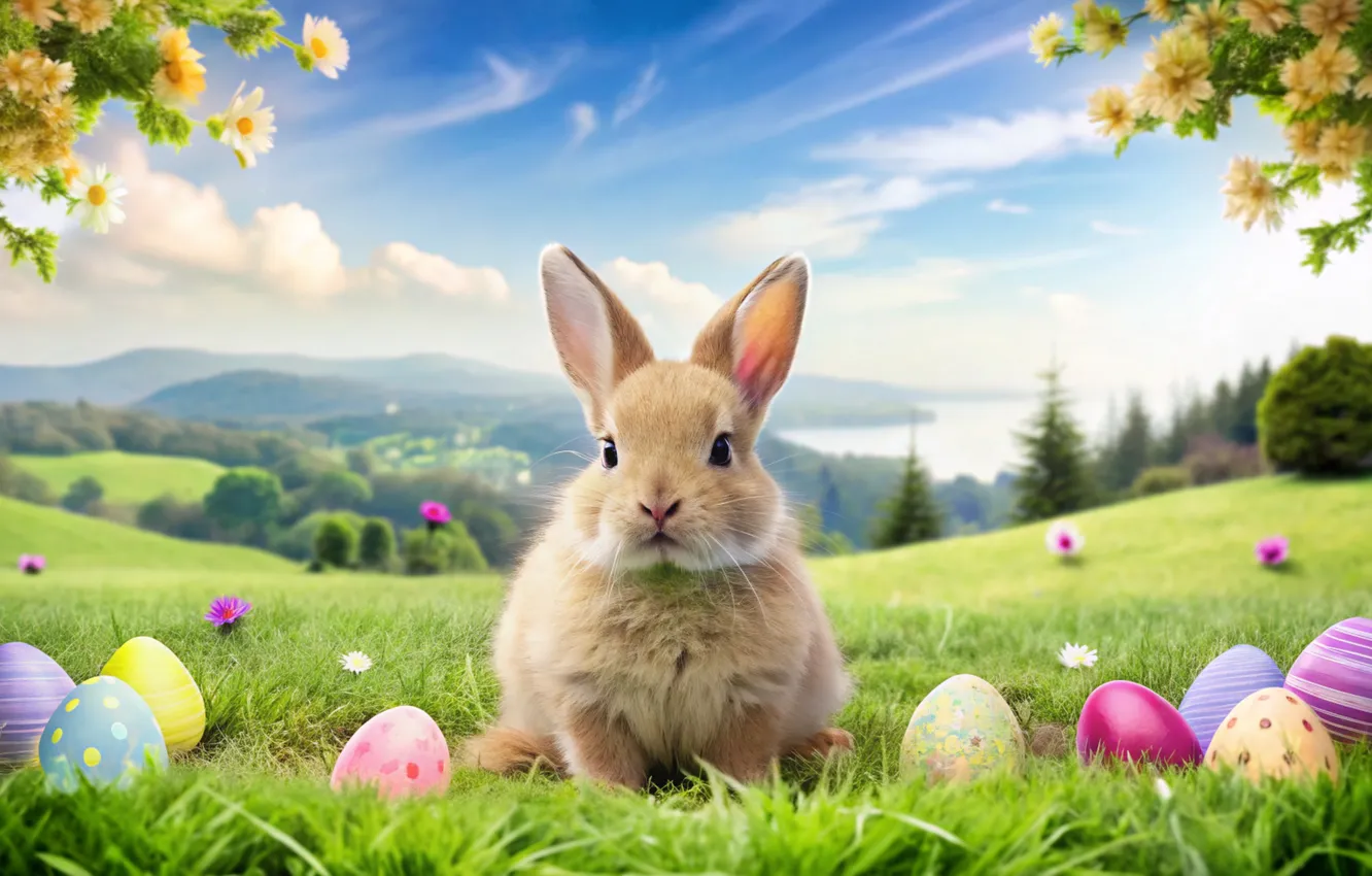 Photo wallpaper flowers, eggs, spring, colorful, Easter, flowers, spring, Easter