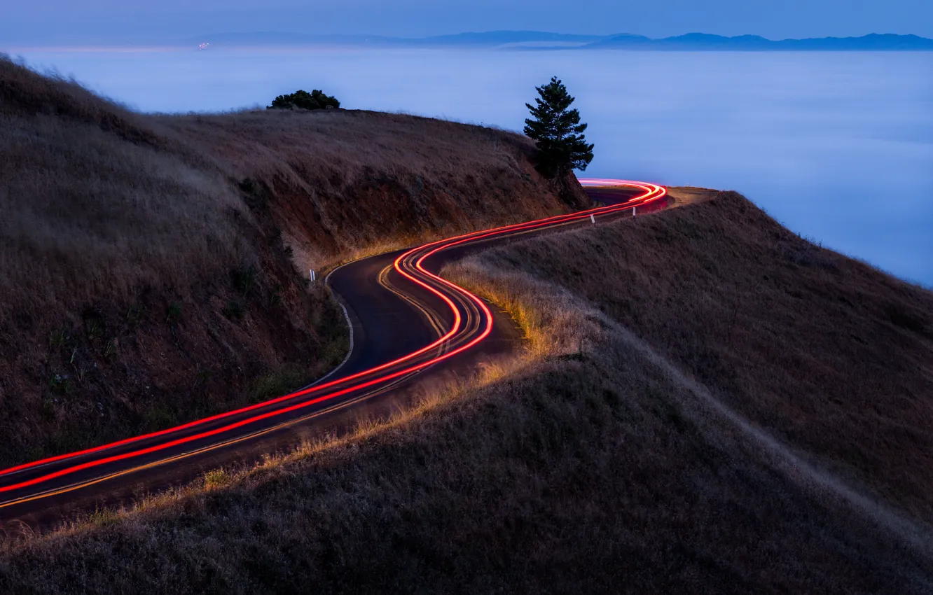 Photo wallpaper road, clouds, light, fog, hills, excerpt