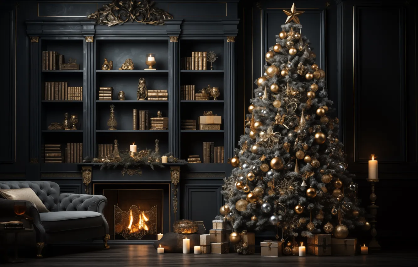 Photo wallpaper decoration, room, gift, tree, new year, interior, Christmas, Christmas