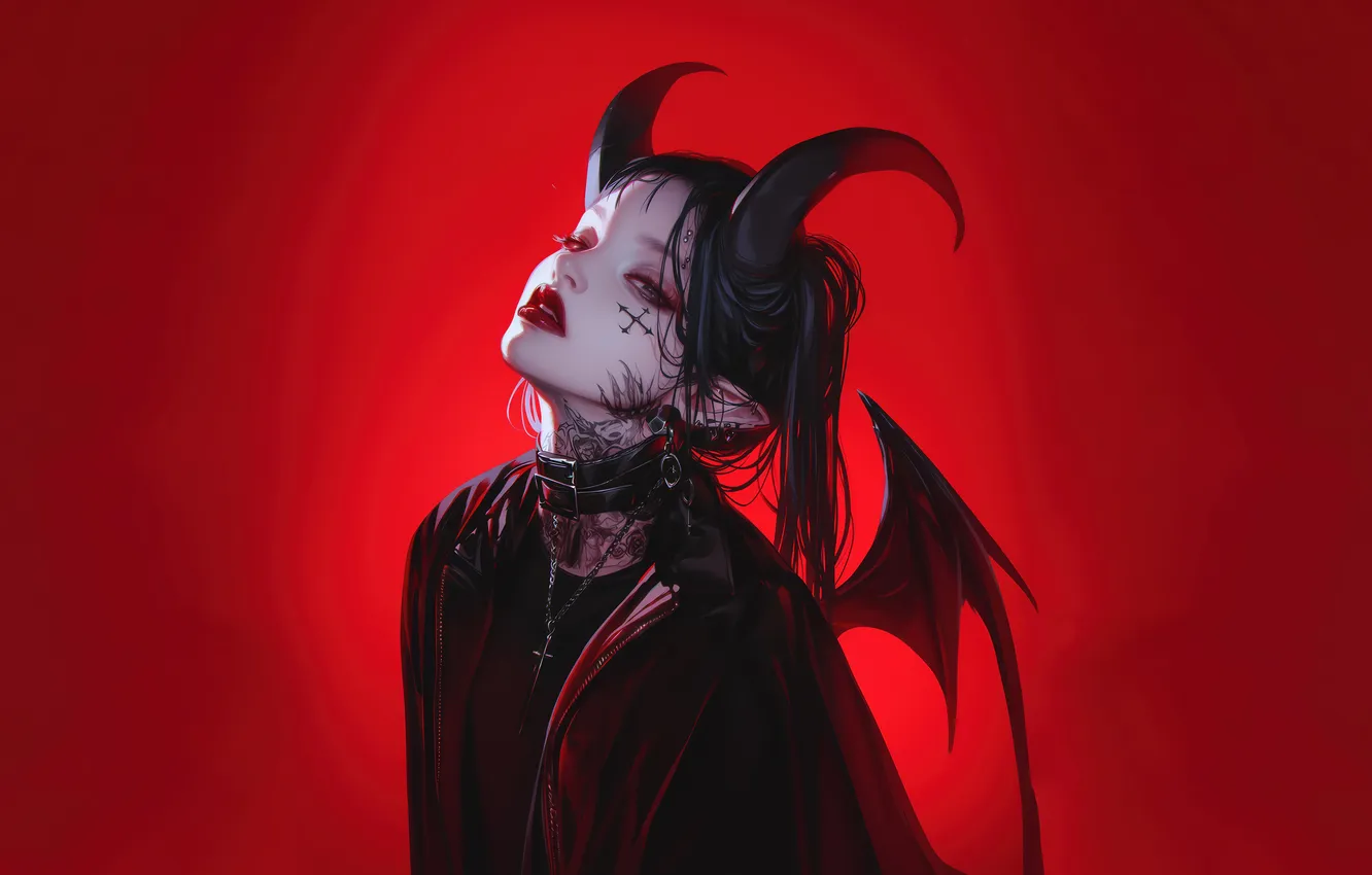 Photo wallpaper demon, devil, anime, art, wings, tattoo, red lips, red background