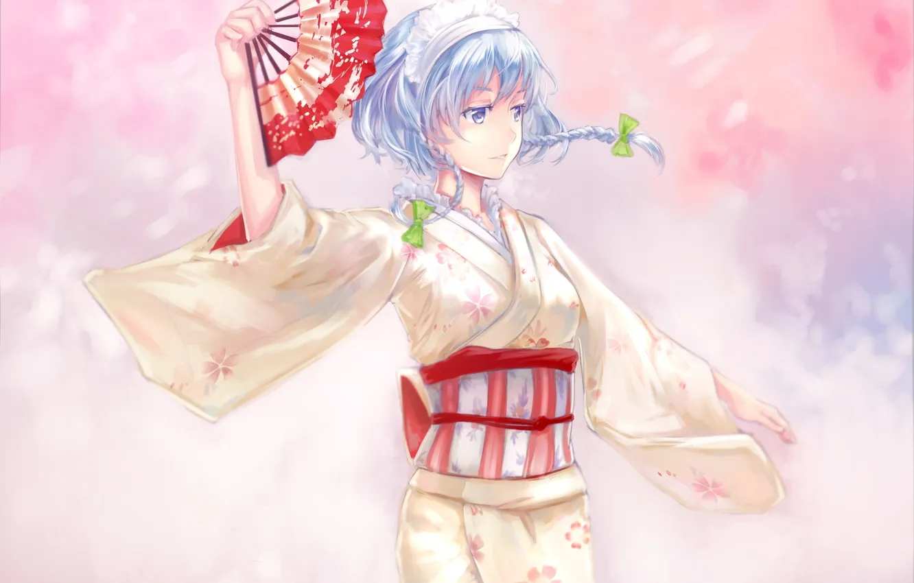 Photo wallpaper girl, dance, fan, yukata, gesture, touhou, art, Izayoi Sakuya