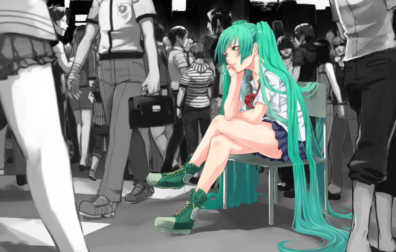 Photo wallpaper girl, the crowd, people, art, chair, form, schoolgirl, vocaloid