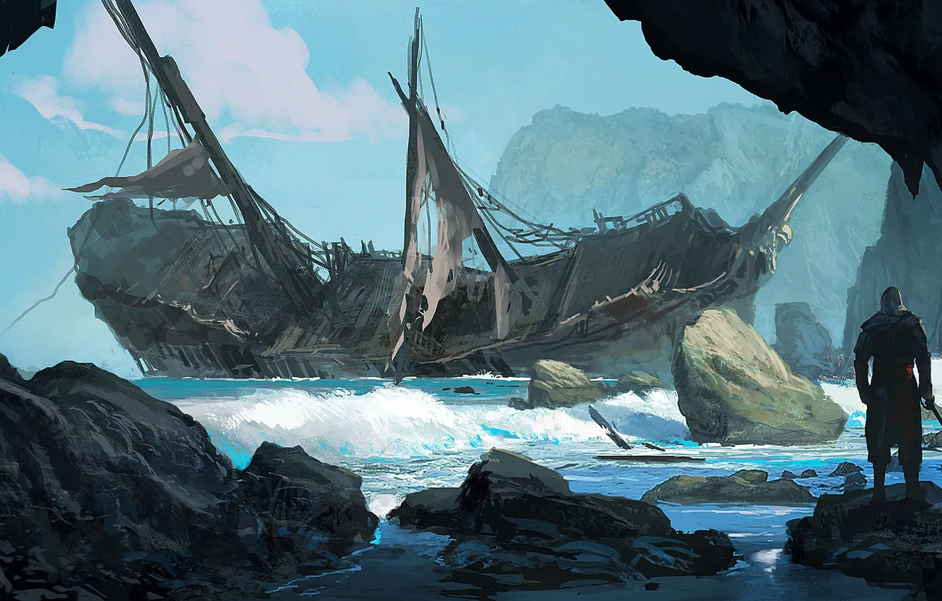 Photo wallpaper sea, ship, island, Black Flag, Black Flag, Assassin's creed IV, Assassin’s Creed IV