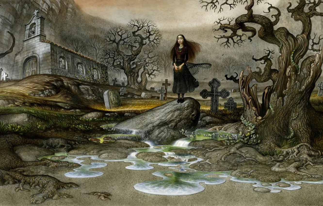 Photo wallpaper girl, trees, lake, graves, cross, tears, cemetery, Church