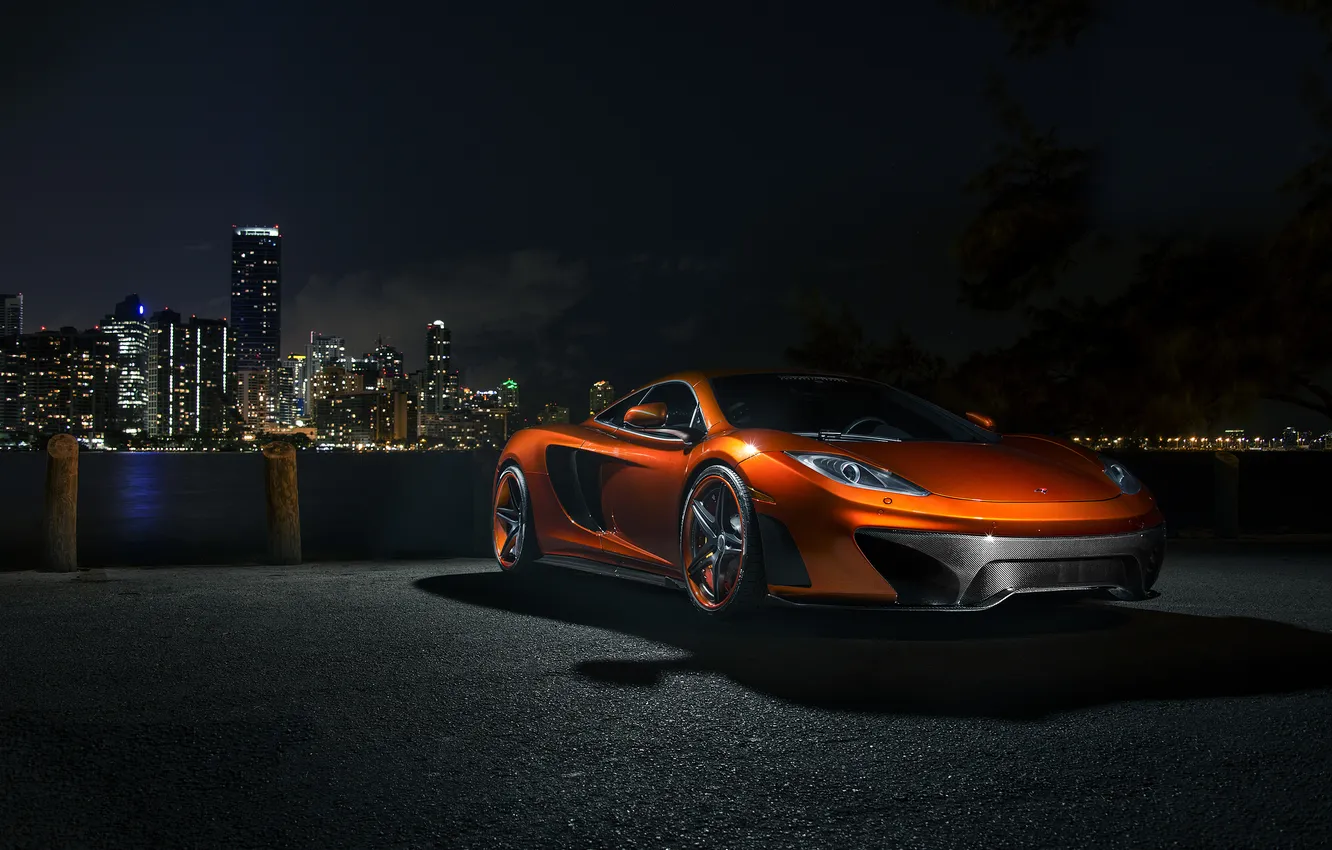 Photo wallpaper the city, McLaren, skyscrapers, Front, MP4-12C, orange, MP4-VX