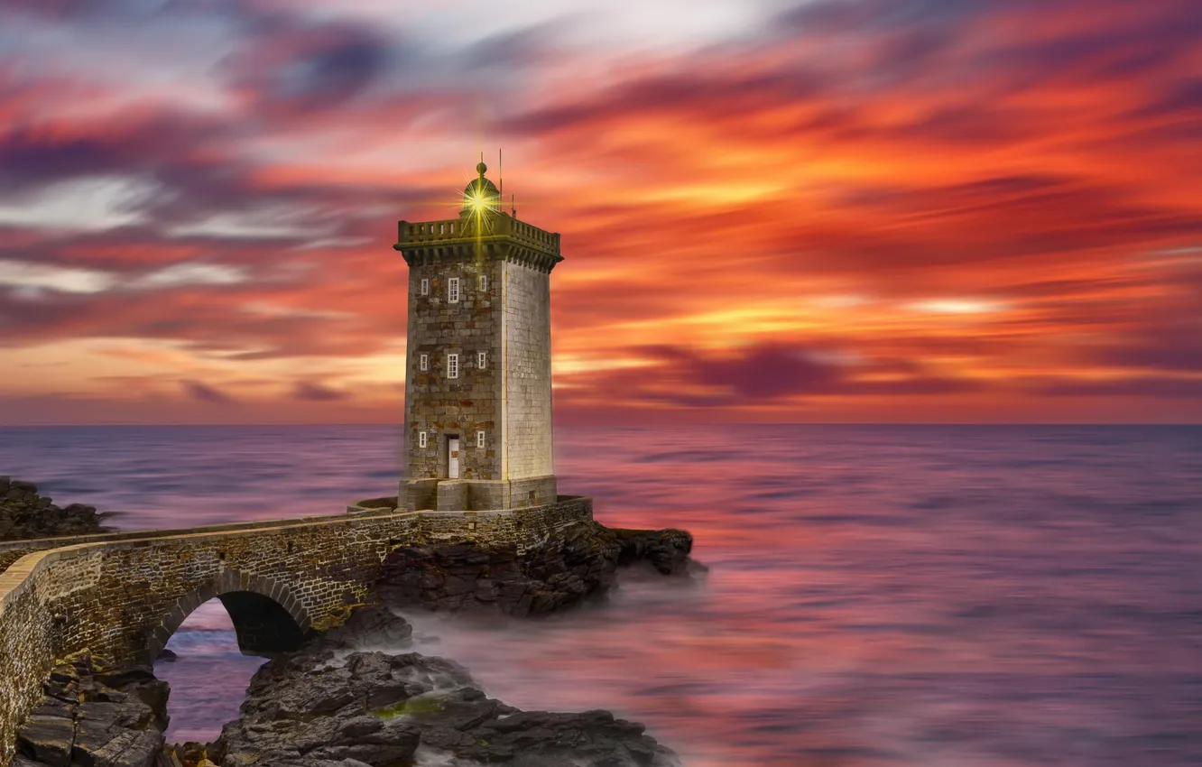 Photo wallpaper sea, sunset, lighthouse