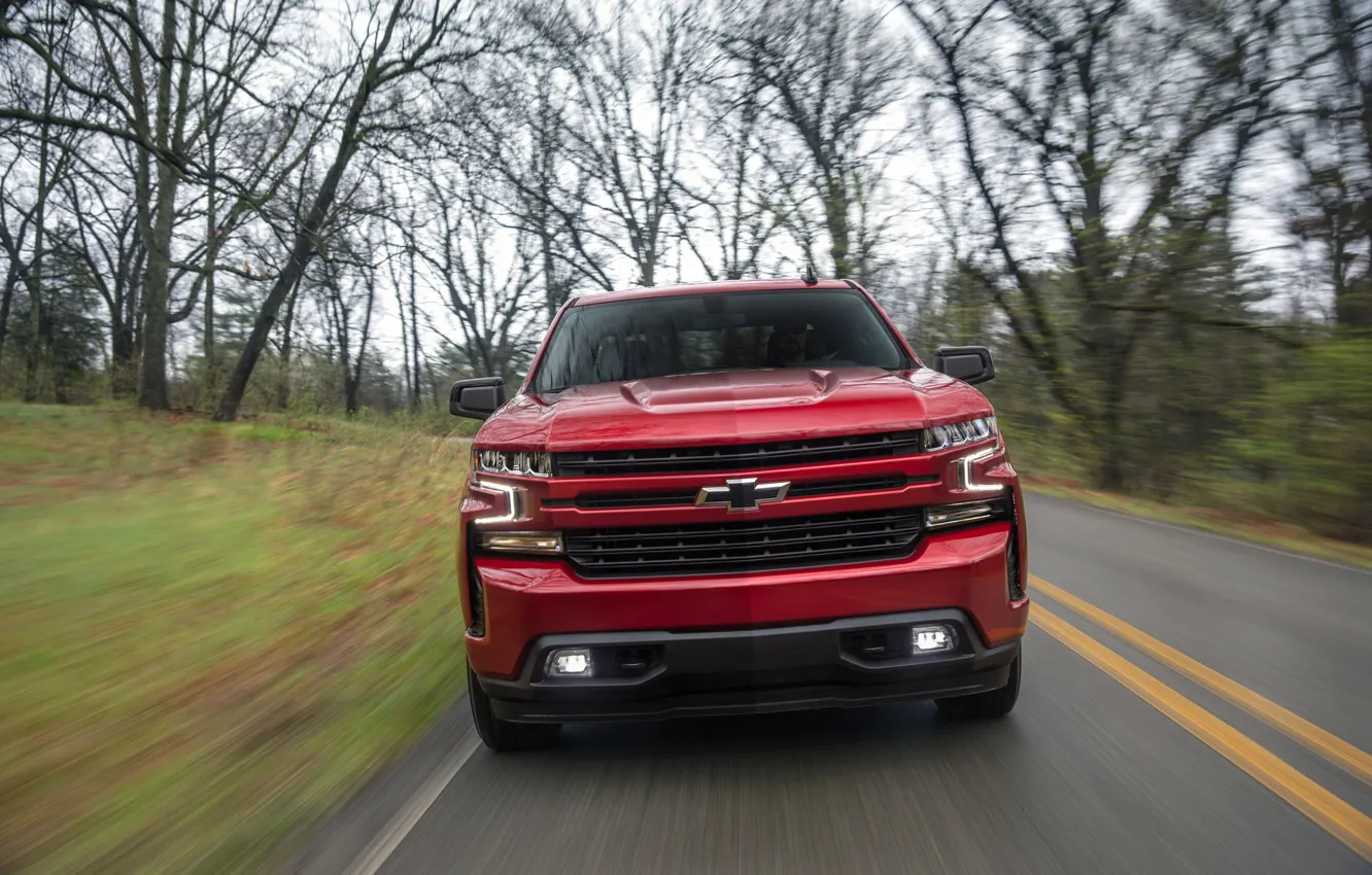 Photo wallpaper red, Chevrolet, front view, pickup, Silverado, 2019, RST