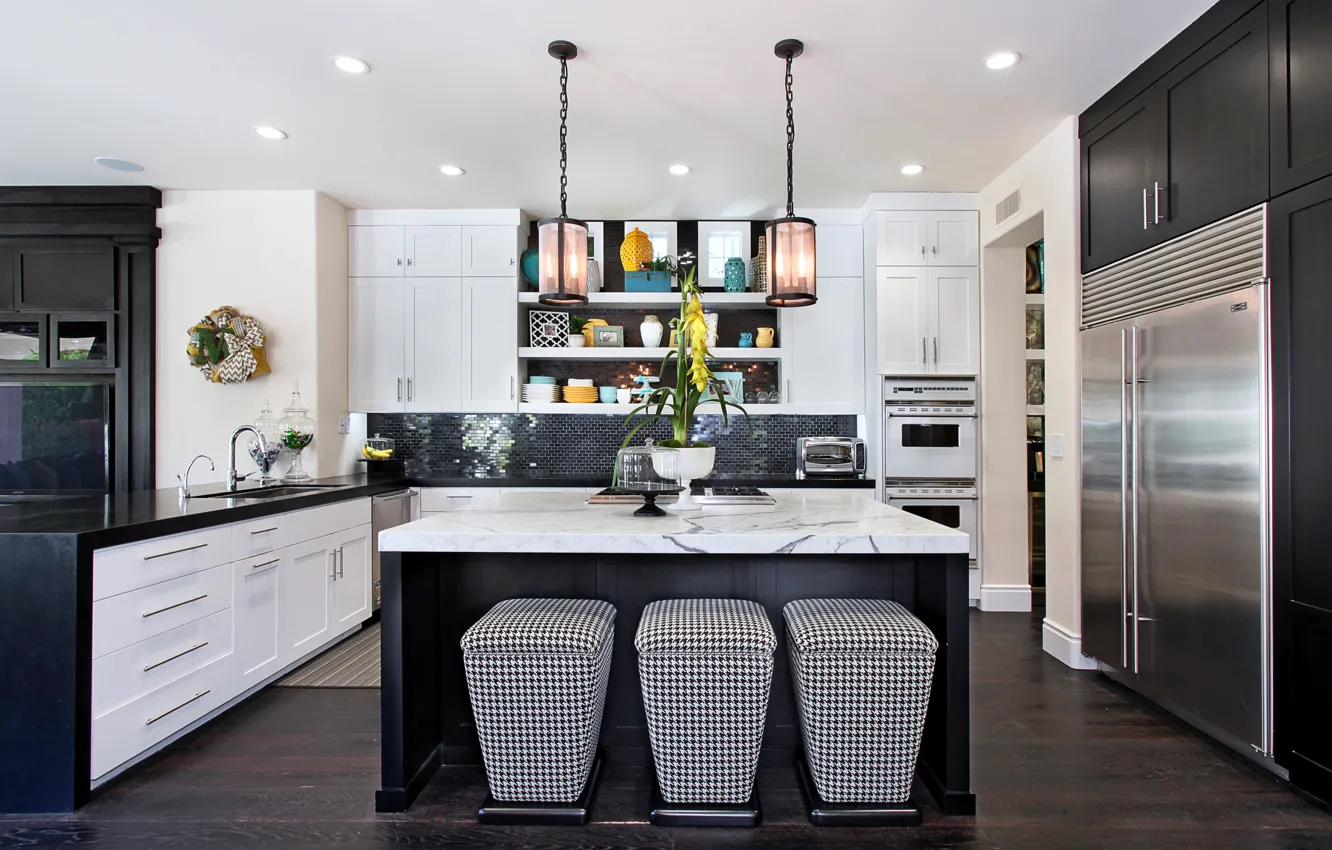 Photo wallpaper design, furniture, Villa, kitchen, lamp, dishes, white, black