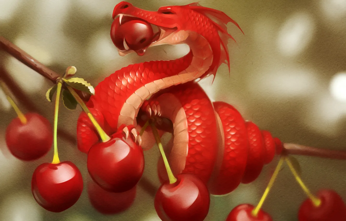 Photo wallpaper branches, cherry, berries, dragon, art