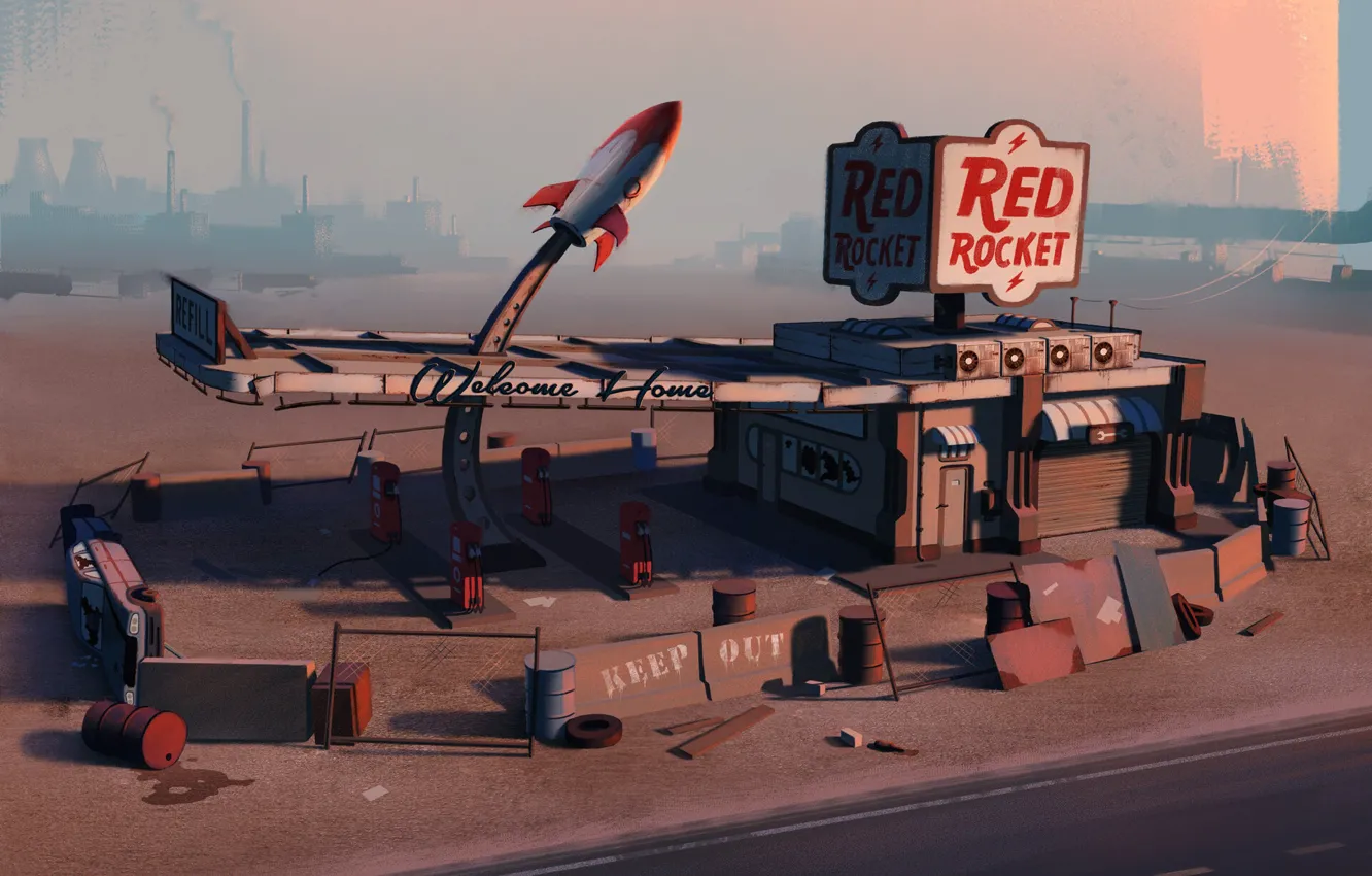 Photo wallpaper Fallout, Architecture, Gas Station, Post-apocalyptic, Environments, Red Rocket, by Edgaras Cernikas, Red Rocket Gas Station