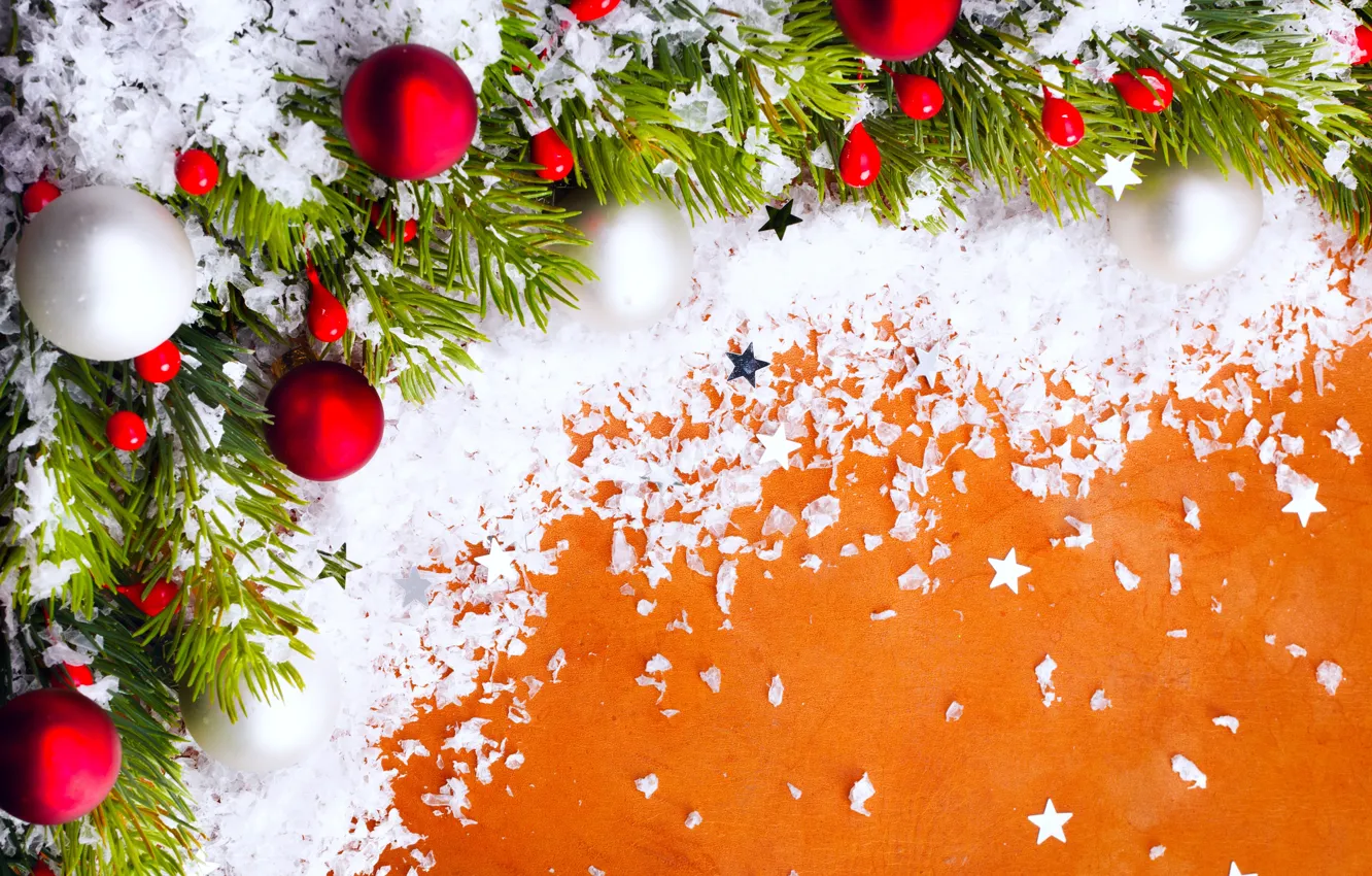 Photo wallpaper balls, snow, branches, red, balls, toy, tree, new year