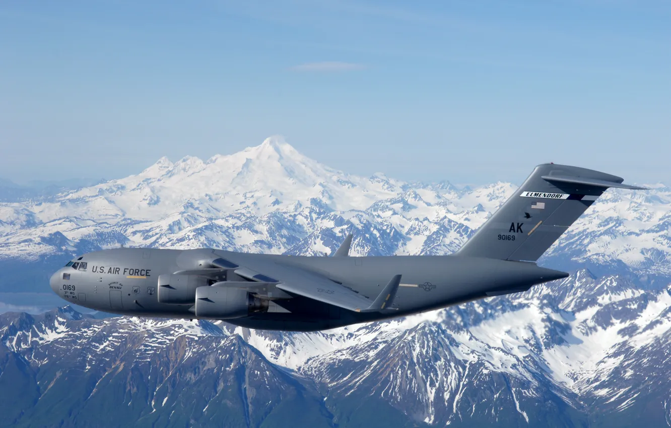Photo wallpaper the sky, flight, landscape, mountains, USA, BBC, C-17 Globemaster III, Air Force Base