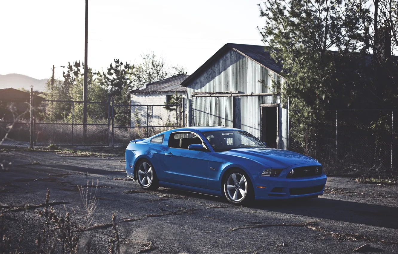 Photo wallpaper The sun, Mustang, Ford, Blue, Wheel, Ford, Muscle, Mustang