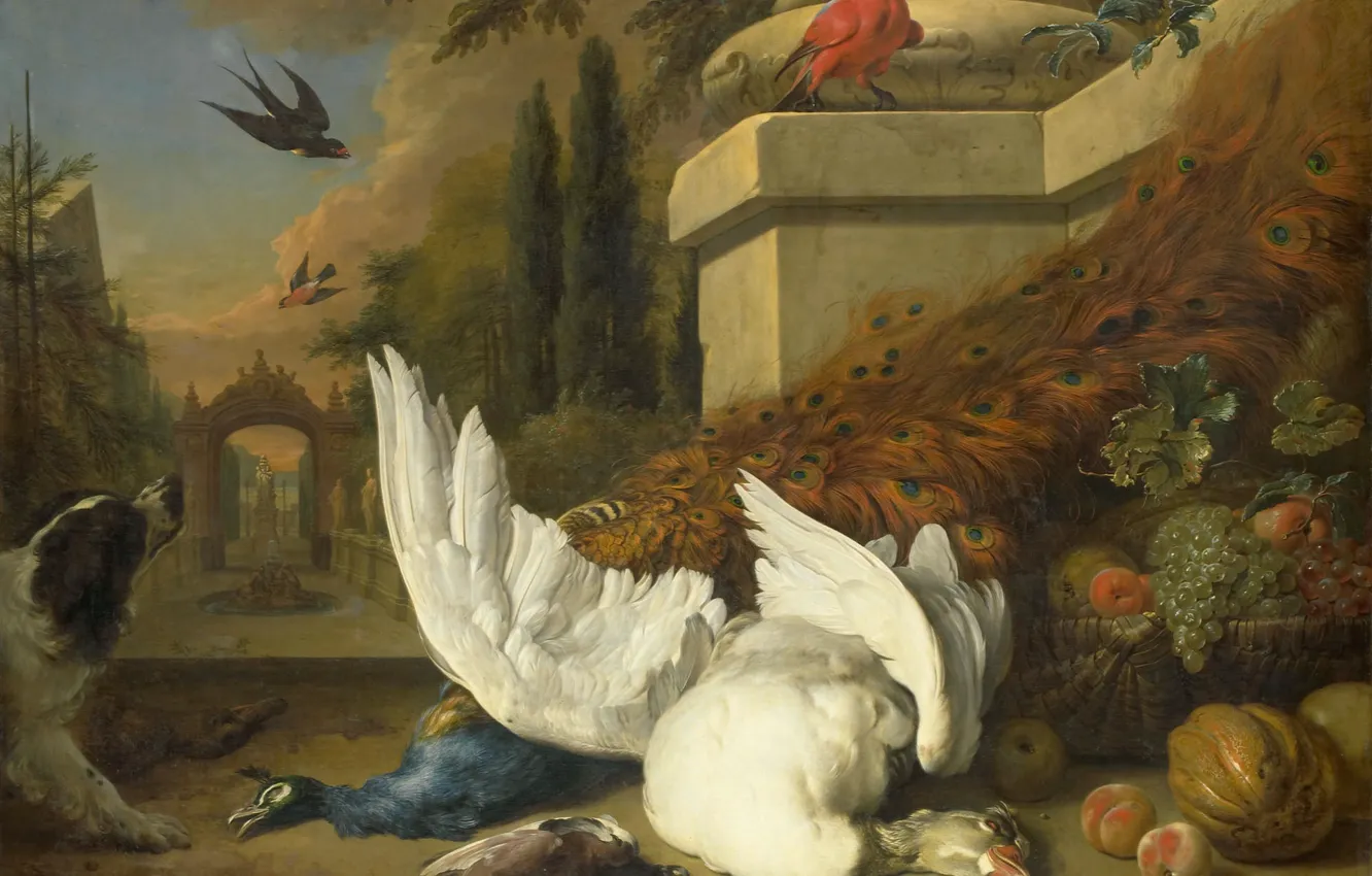 Photo wallpaper animal, oil, picture, canvas, Jan Baptist Venix, Dog Dead Goose and Peacock