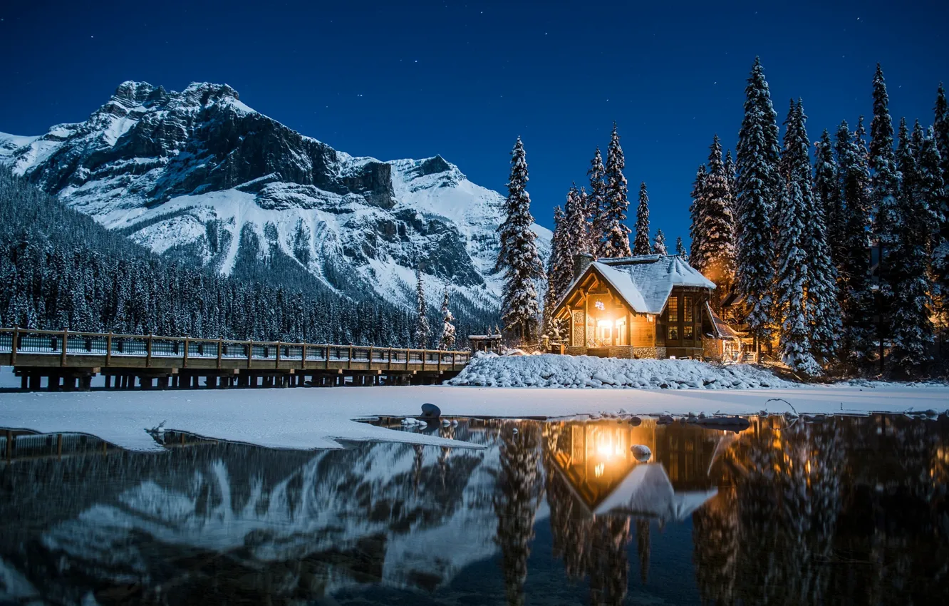 Photo wallpaper winter, mountains, night, lights, house, Canada