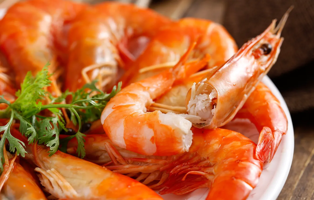 Photo wallpaper greens, shrimp, seafood