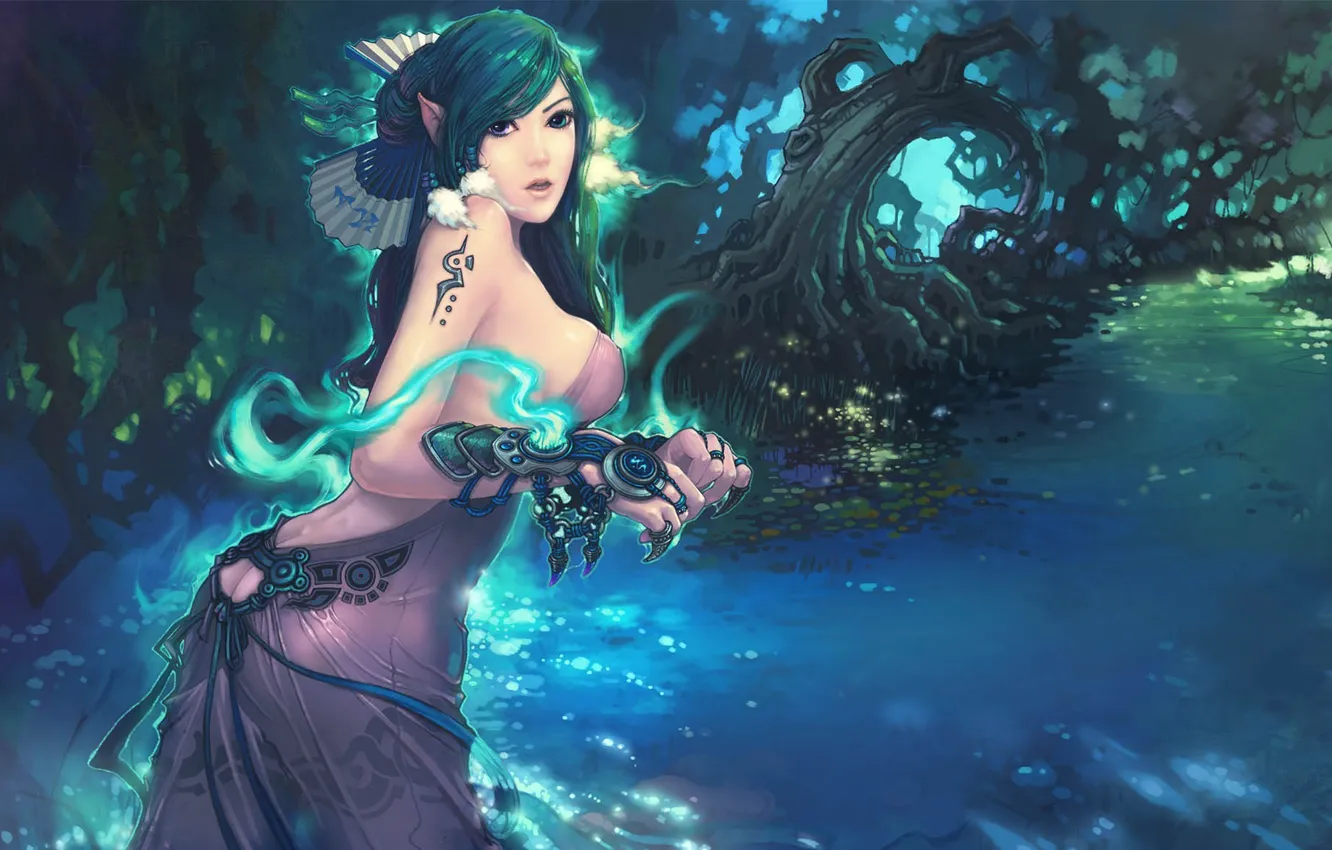 Photo wallpaper forest, water, girl, decoration, river, magic, elf, Last Dynasty