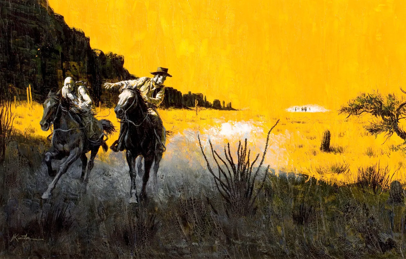 Photo wallpaper chase, horse, Prairie, cowboys, wild West, Mort Künstler