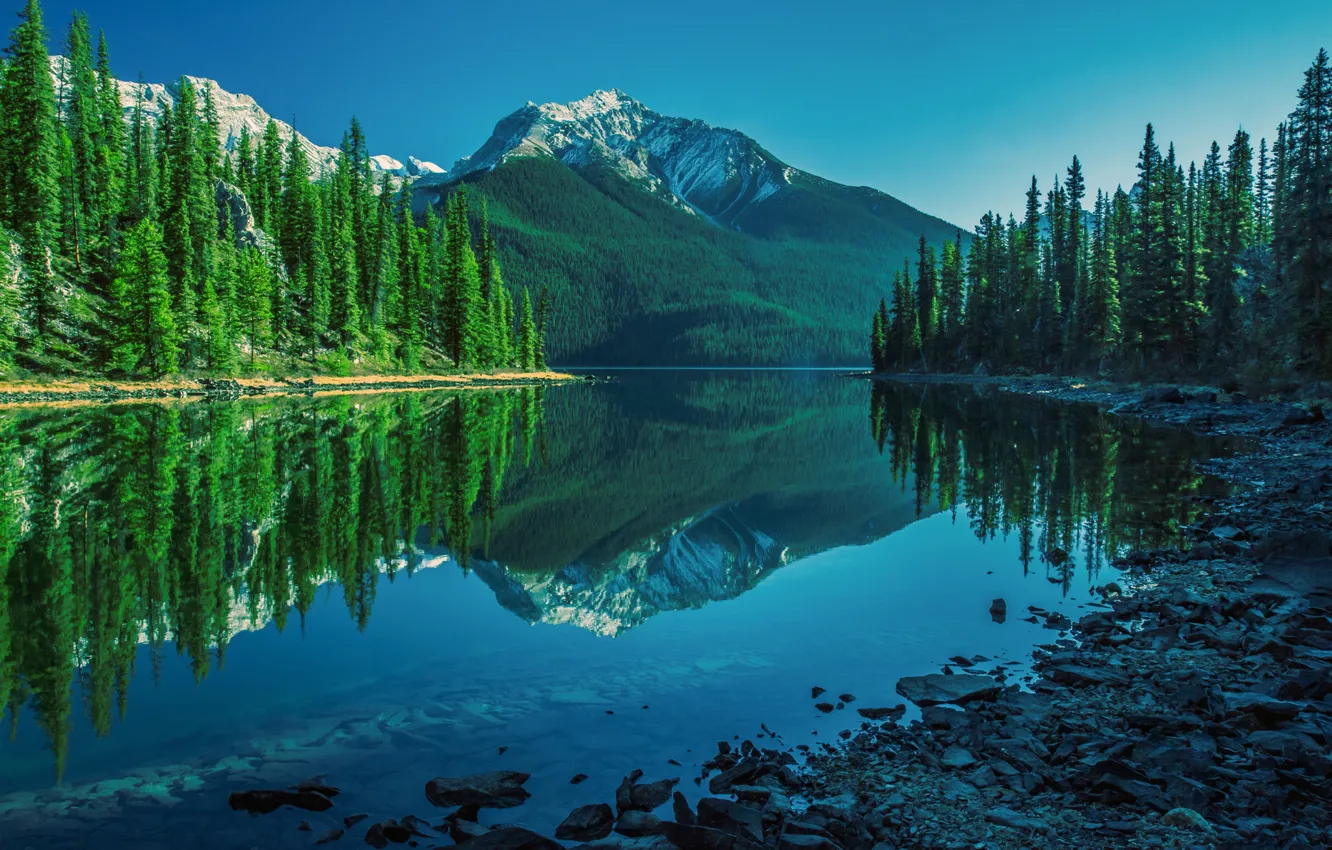 Photo wallpaper mountains, lake, reflection, stones