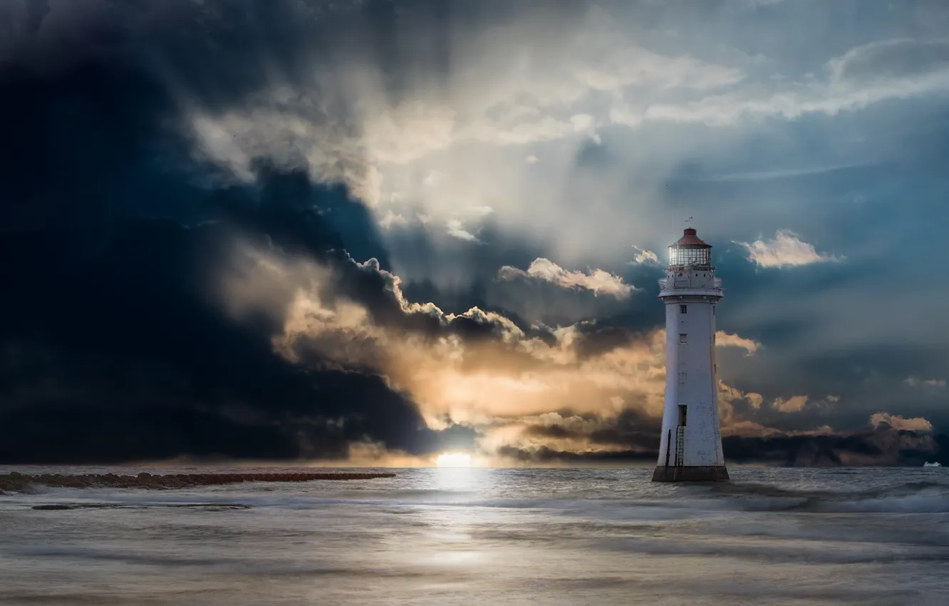 Photo wallpaper sea, clouds, rays, landscape, lighthouse, the evening, horizon, glow