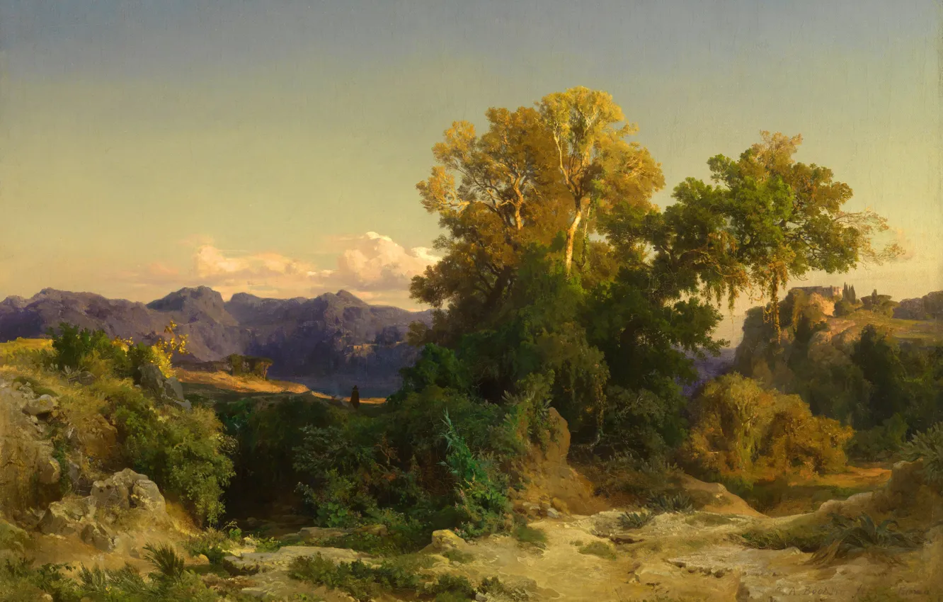 Photo wallpaper trees, landscape, mountains, picture, Arnold .. .. , In the mountains of Albania, Arnold Böcklin