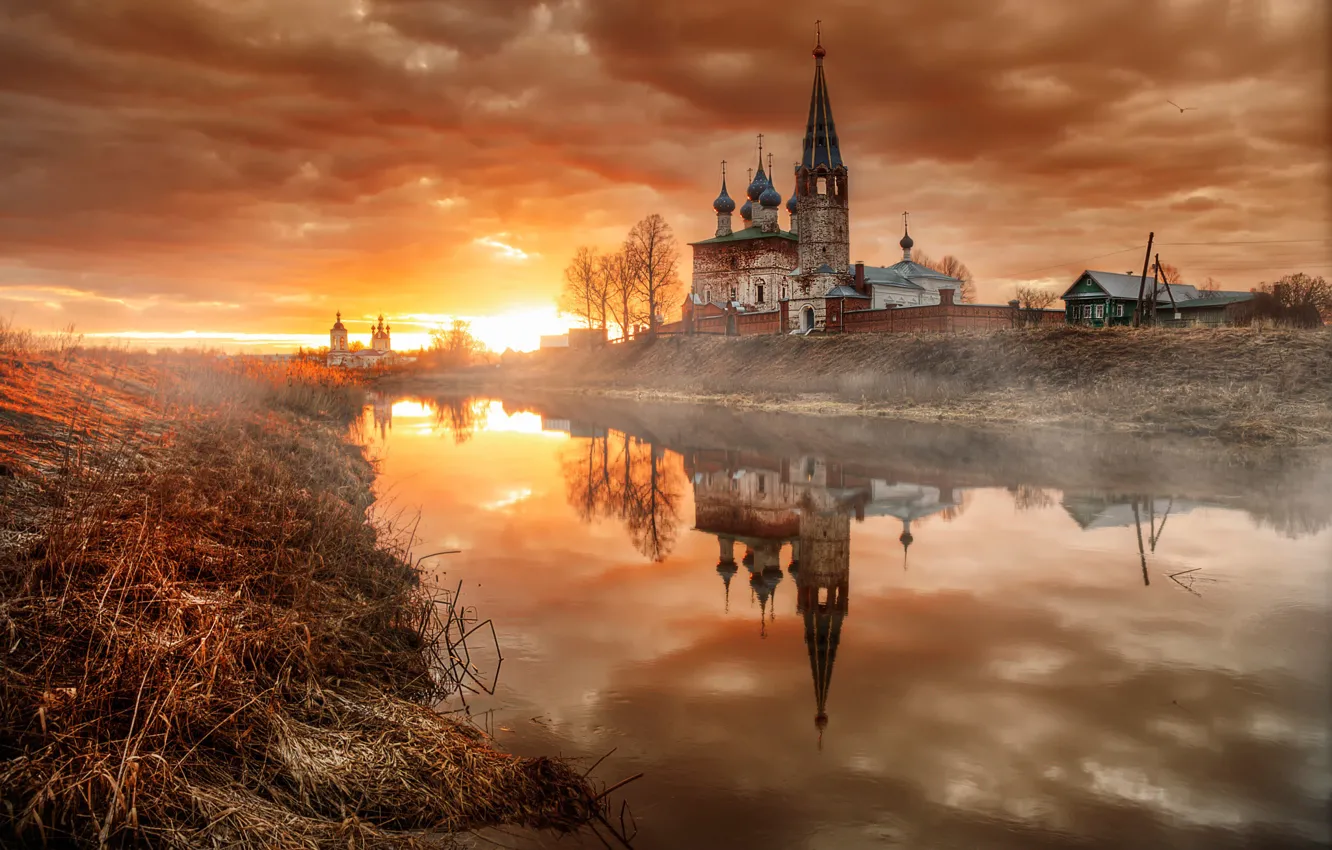 Photo wallpaper dawn, village, morning, April, temple, Russia, Dunilovo