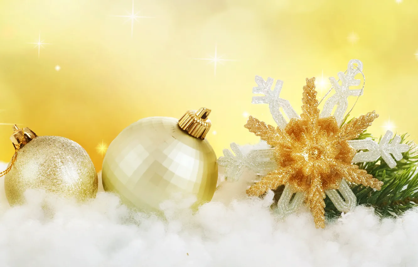 Photo wallpaper snow, gold, holiday, balls, new year, snowflake