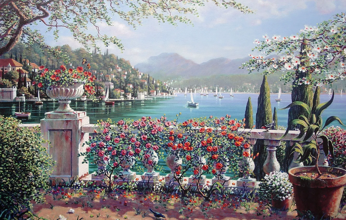 Photo wallpaper flowers, the city, lake, roses, Italy, sail, painting, Italy