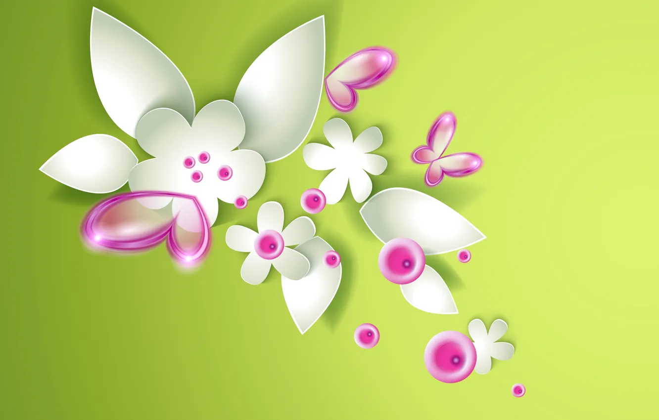 Photo wallpaper flowers, butterfly, flowers, butterflies, green abstraction, green abstraction