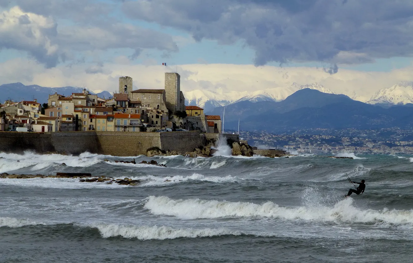 Photo wallpaper sea, wave, storm, France, tower, home, Cote d'azur, Antibes