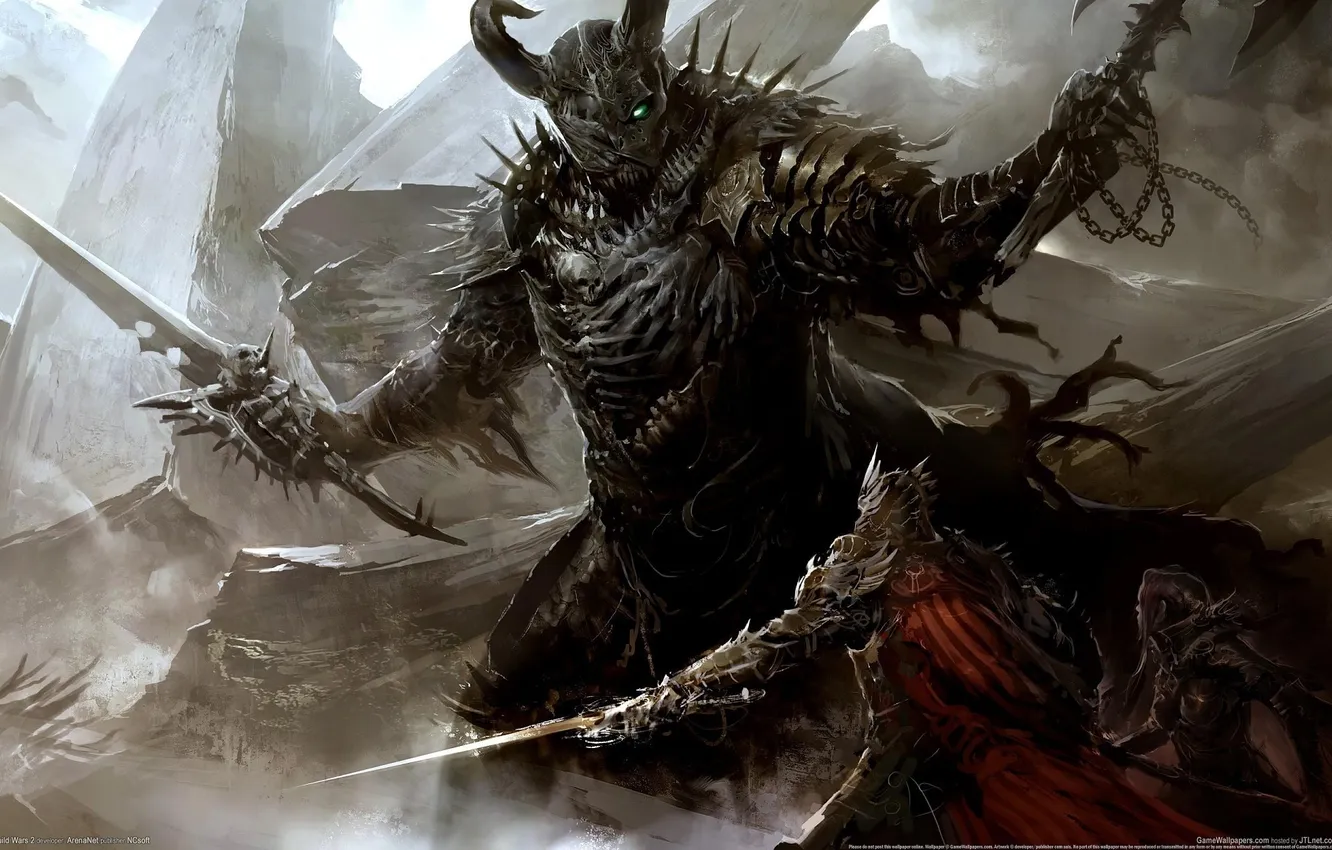 Photo wallpaper sword, armor, battle, horns, helmet, cloak, Guild Wars 2