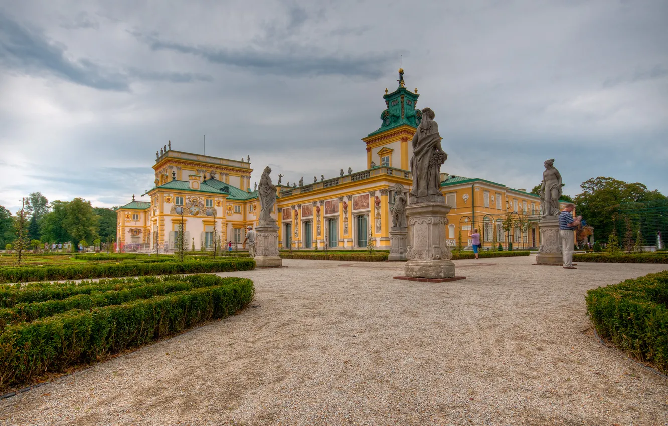 Photo wallpaper the sky, clouds, Park, Poland, Warsaw, sculpture, Wilanow Palac, Wilanów Palace