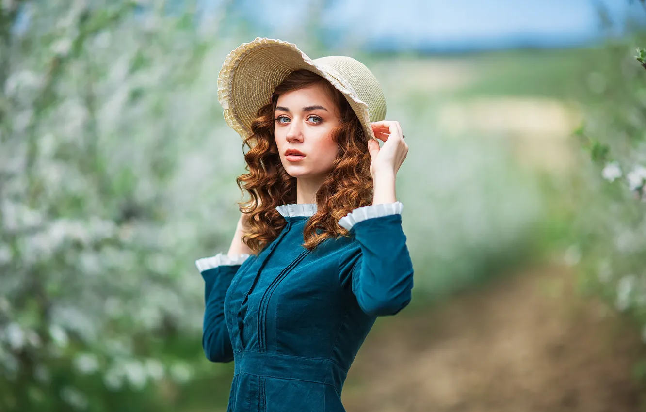 Photo wallpaper look, girl, pose, hair, hat, dress, Nastya, Anastasia Barmina