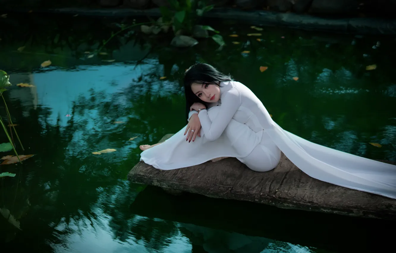 Photo wallpaper girl, nature, white, dress, Asian, pond