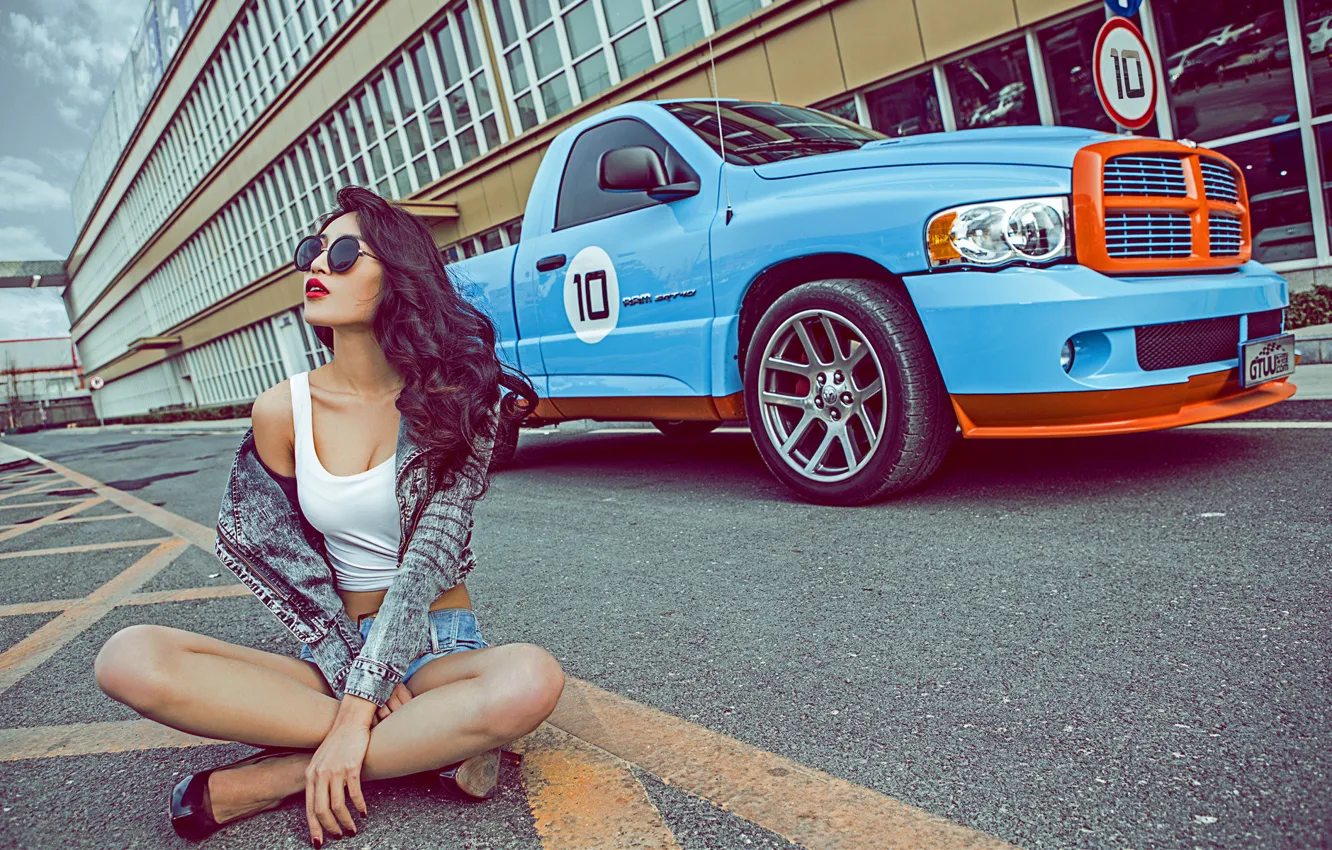 Photo wallpaper machine, auto, girl, model, Asian, car, Dodge Ram, korean model