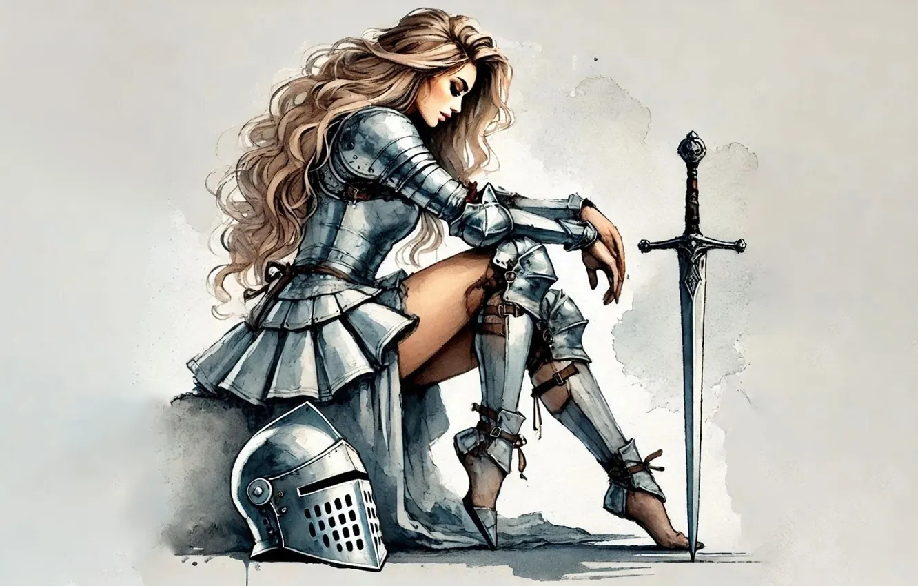 Photo wallpaper girl, figure, sword, fantasy, helmet, knight, sitting