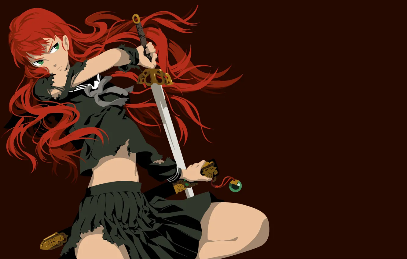 Photo wallpaper look, girl, sword, red hair, torn clothes