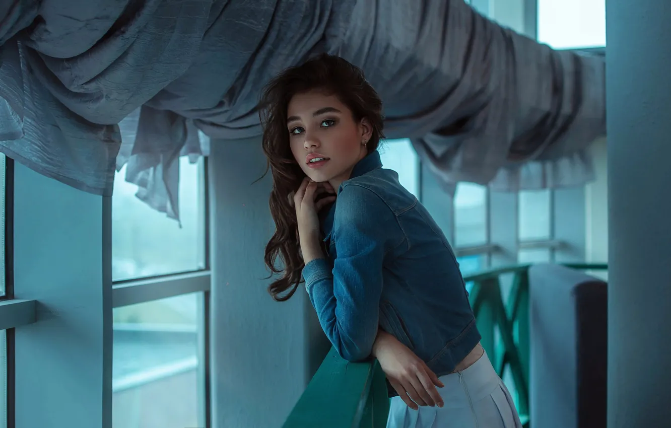 Photo wallpaper look, girl, pose, skirt, window, dzhinsovka, Sasha Rusko